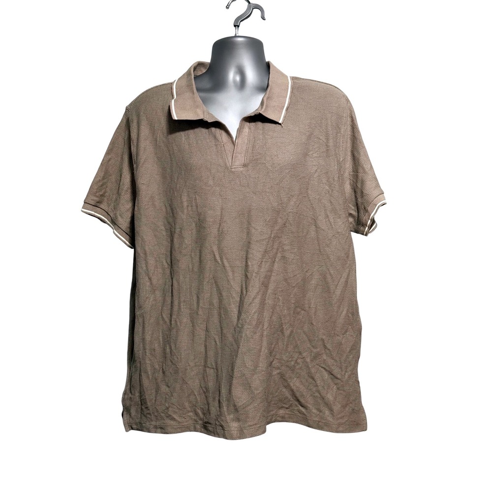 Falls Creek Mens XXL Brown Textured Short Sleeve V-Neck Polo Shirt Tipped Trim